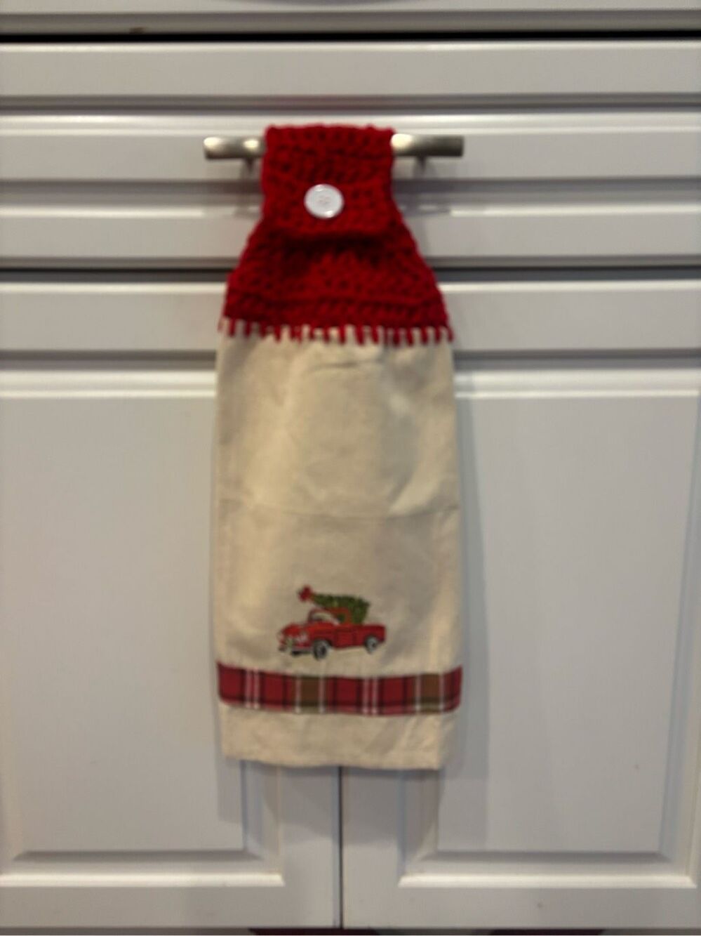 Crochet Top Kitchen Towel-Red truck with tree